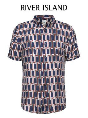 River Island Geometric Print Short Sleeve Button Up Shirt Size M